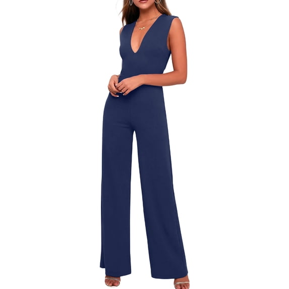 Biekopu Women Summer Sleeveless Jumpsuit,Deep V-neck Solid Color Backless Wide Leg Romper Pants Clubwear