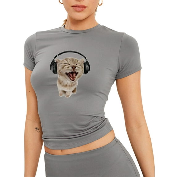 Biekopu Women T-shirt, Crew Neck Short Sleeve Cat Printed Summer Tops Streetwear for Casual Daily