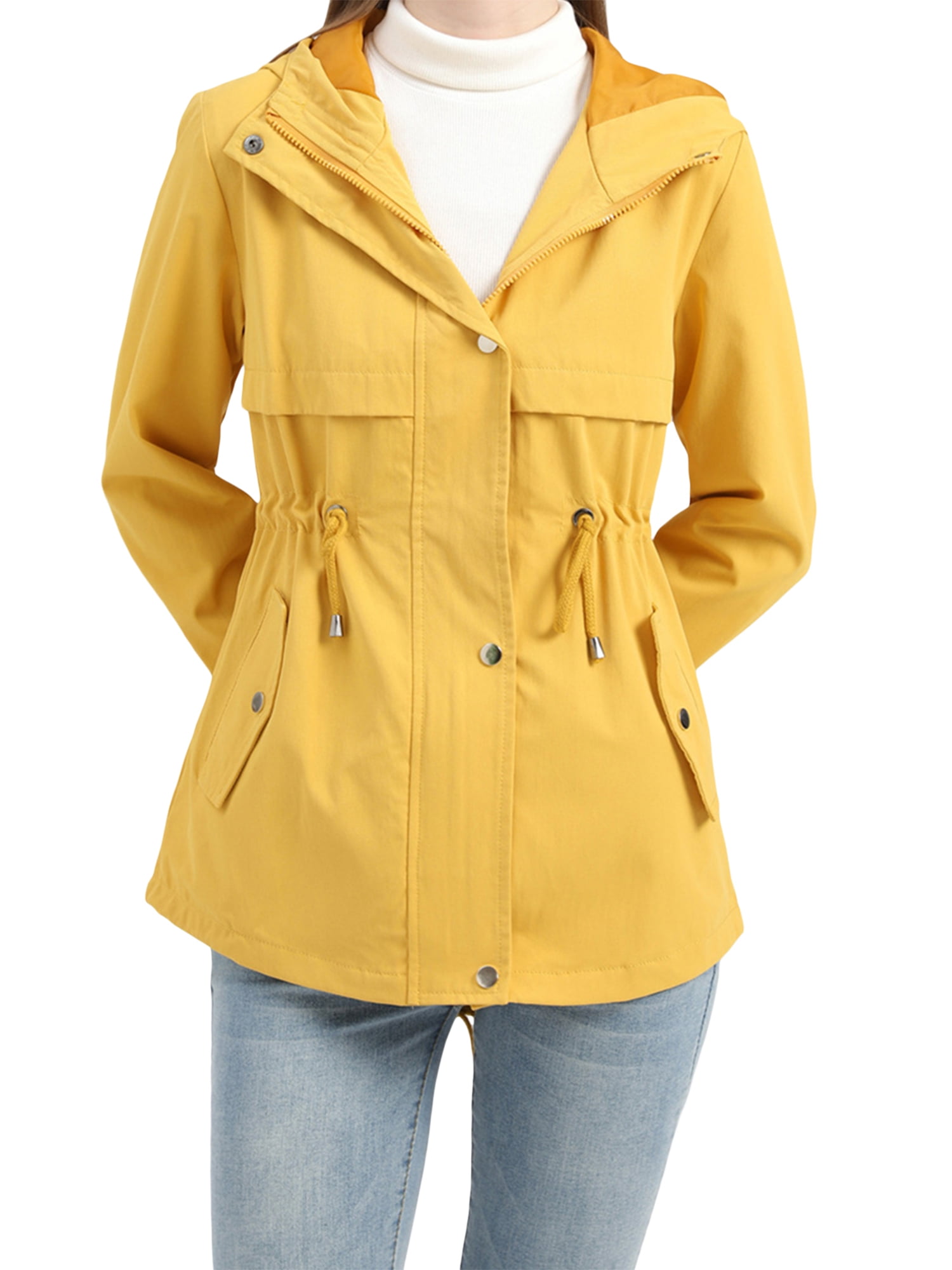 Biekopu Women Trench Coat, Long Sleeve Hooded Jacket Zipper Button Closure Fall Casual Jacket