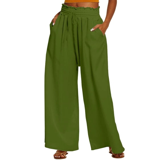 Biekopu Women Wide-Leg Pants Solid Color Drawstring High Waist Loose Trousers Spring Summer Casual Straight Sweatpants