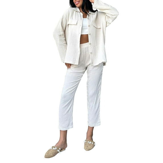 Biekopu Women's 2 Piece Casual Outfits Long Sleeve Button Shirt Tops Solid Color Pants Loungewear Sets Streetwear