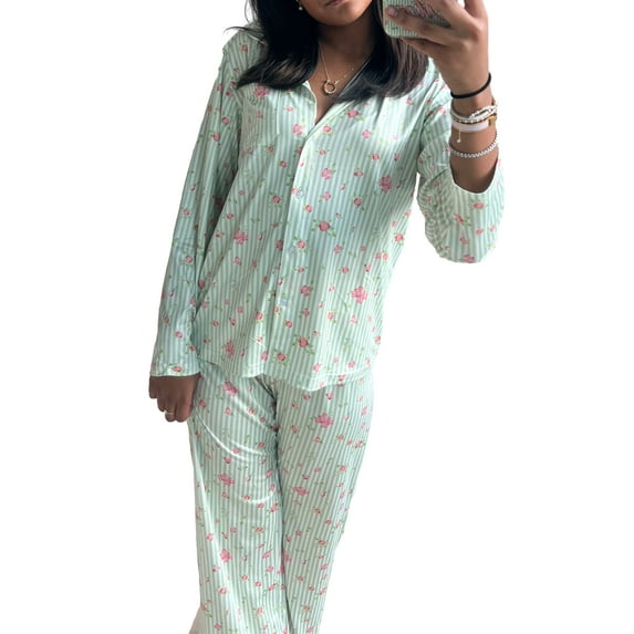 Biekopu Women's 2 Piece Pajama Set Long Sleeve Lapel Button Up Shirt Floral/Heart Print Pants Sets