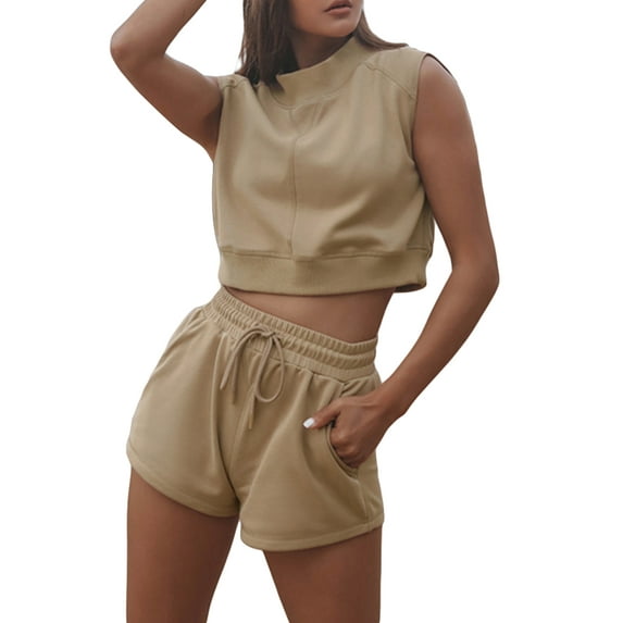 Biekopu Women's 2 Piece Summer Outfits Casual Sleeveless Mock Neck Crop Tank Tops + Shorts Set Loungewear