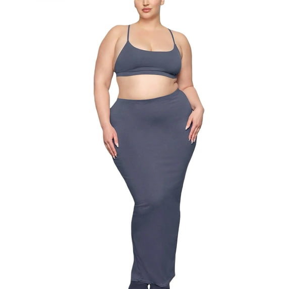 Biekopu Women's 2 Piece Summer Outfits Solid Color Fitted Cami Tops Long Bodycon Skirt Set
