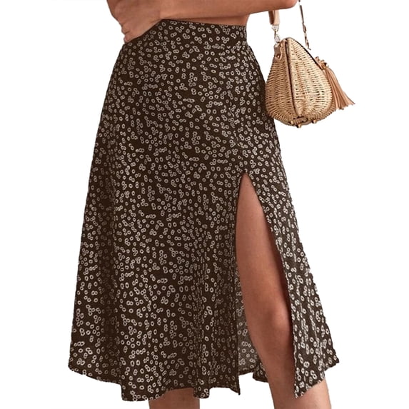 Biekopu Women's A-line Midi Skirts Bohemian Floral Print High Waist Split Skirts Summer Long Skirts