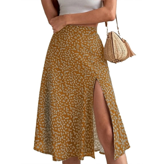 Biekopu Women's A-line Midi Skirts Bohemian Floral Print High Waist Split Skirts Summer Long Skirts