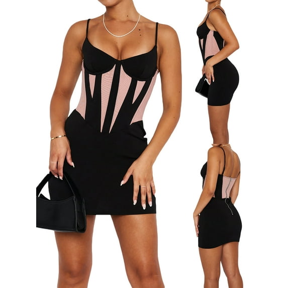 Biekopu Women's Bodycon Mini Dress, Sleeveless V Neck Spaghetti Strap Patchwork Corset Dress