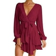 thumbnail image 1 of Biekopu Women’s Casual Long Sleeve A-line Dress Fashion Solid Color Bandage High Waist Ruffle Dress, 1 of 4
