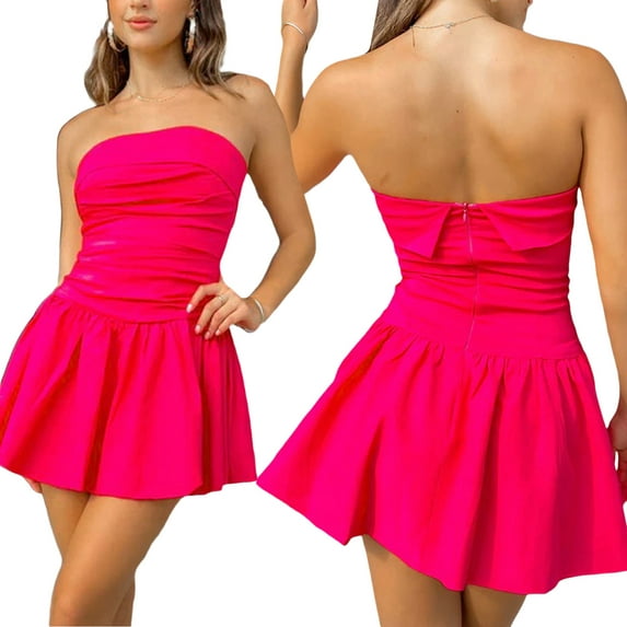 Biekopu Women's Elegant Short Dresses, Summer Strapless Solid Color Ruffle Bodycon Mini A-line Dress