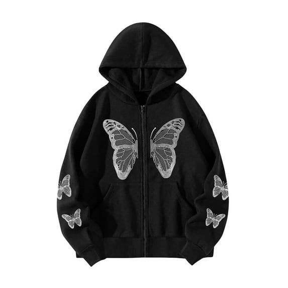 Biekopu Women's Hoodies Coat Sweatshirts, Long Sleeve Butterfly Pattern Zipper Closure Loose Style Jacket