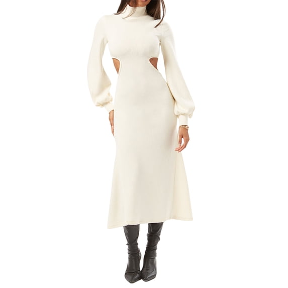 Biekopu Women's Knit Midi Dress Solid Color Ribbed High Neck Long Puff Sleeve Cutout Waist Slim Sweater Dress for Fall