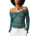 thumbnail image 1 of Biekopu Women's Lace Crop Tops Fairy Grunge V Neck Long Sleeve See Through T-Shirt Trendy Twist Slim Fit Solid Color Tee, 1 of 5