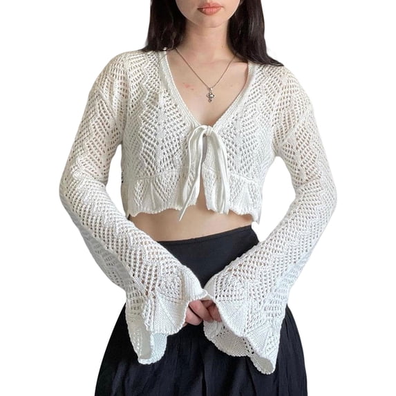 Biekopu Women's Long Sleeve Crop Tops, Solid Color Front Tie-Up Cardigan, Cual Simple Style Blouse, White