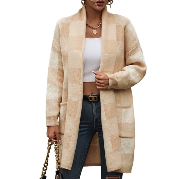 Biekopu Women's Long Sleeve Knitted Cardigan, Plaid Print Front Open Loose Sweater Coat for Spring Autumn
