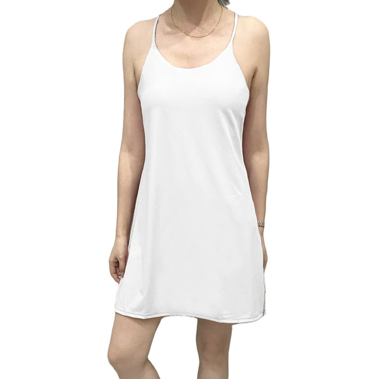 Biekopu Women's Mini Sport Dress False 2Pcs Spaghetti Strap Dress with  Built-in Bra + Shorts with Pocket Sportswear 