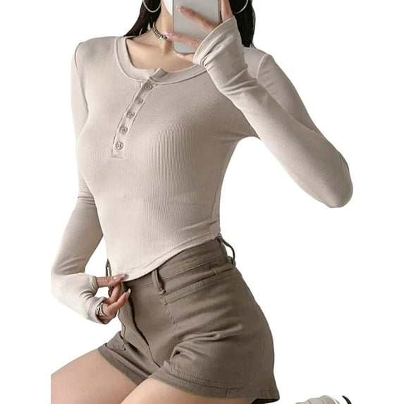 Biekopu Women's Running Compression Tops Solid Color Ribbed Front Button Long Sleeve Round-Neck Sport T-shirt