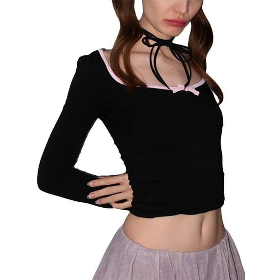 Biekopu Women's Slim Fit Crop Tops Casual Long Sleeve Scoop Neck Bow Front T-Shirts Basic Blouses