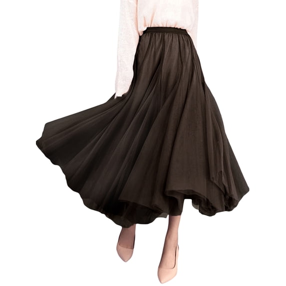 Biekopu Women's Solid Color Long Skirts Layered Tulle Elastic Waist Skirts Spring Summer Fashion Casual A-line Skirts