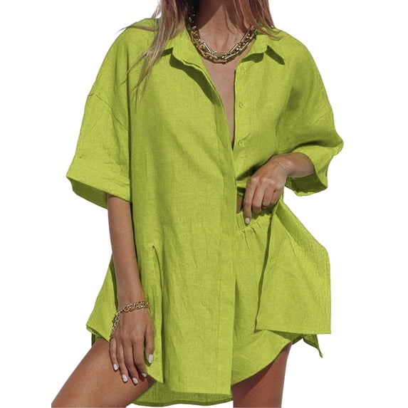 Biekopu Women’s Summer 2Piece Outfits,Short Sleeve Button Down Split Shirt + Shorts Set Vacation Beach Set
