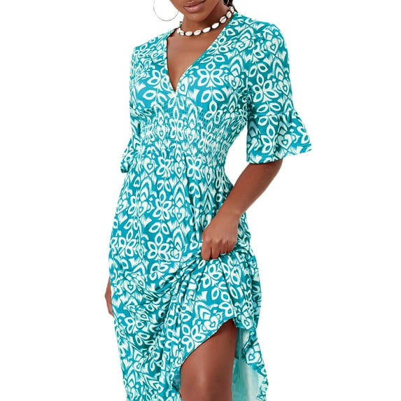 Biekopu Women's Summer Bohemian Midi Dress Floral Print Half Sleeve V Neck Elastic Waist Loose Beach Dress