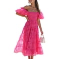 thumbnail image 1 of Biekopu Women's Summer Casual A-line Dress,Short Puff Sleeve Off Shoulder Midi Plaid Dress, 1 of 7