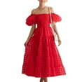 thumbnail image 1 of Biekopu Women's Summer Casual A-line Dress,Short Puff Sleeve Off Shoulder Midi Plaid Dress, 1 of 4