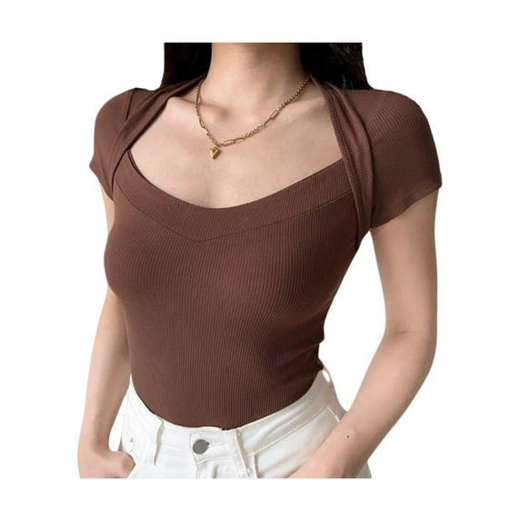 Biekopu Women's Summer Fitted Crop Tops,Solid Color Short Sleeve Blouse Cross Shoulder T-shirt