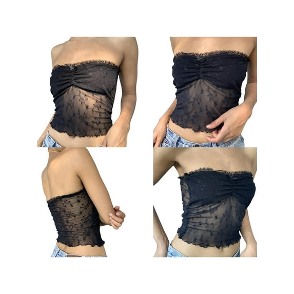 Biekopu Women's Summer Mini Tube Tops Black Sleeveless Backless Off Shoulder Embroidered Bandeau