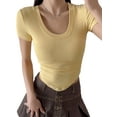 thumbnail image 1 of Biekopu Women's Summer Skinny Crop Tops Solid Color Short Sleeve U Neck Irregular Hem T-shirt, 1 of 7