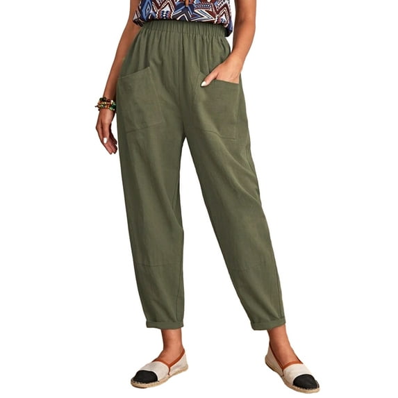 Biekopu Women's Summer Tapered Pants,Elastic Waist Front Pocket Solid Color Harem Pants Casual Trousers