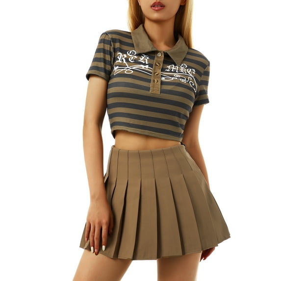 Biekopu Women's T-shirt, Printing Stripe Front Button Turn-Down Collar Short Sleeve Slim Fit Tee Shirt Crop Tops