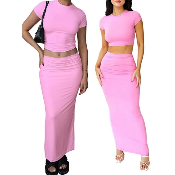 Biekopu Women’s Two Piece Summer Outfits, Short Sleeve Solid Color Crop Tops and Long Skirt Set