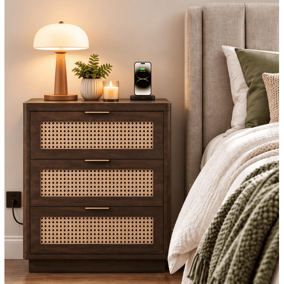 Biemlerfn 3 Drawer Nightstands,Rattan Night Stand with Charging,Walnut Finish