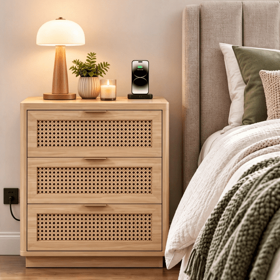 Biemlerfn 3 Drawer Nightstands with Charging,Rattan Side Table,Natural Wood