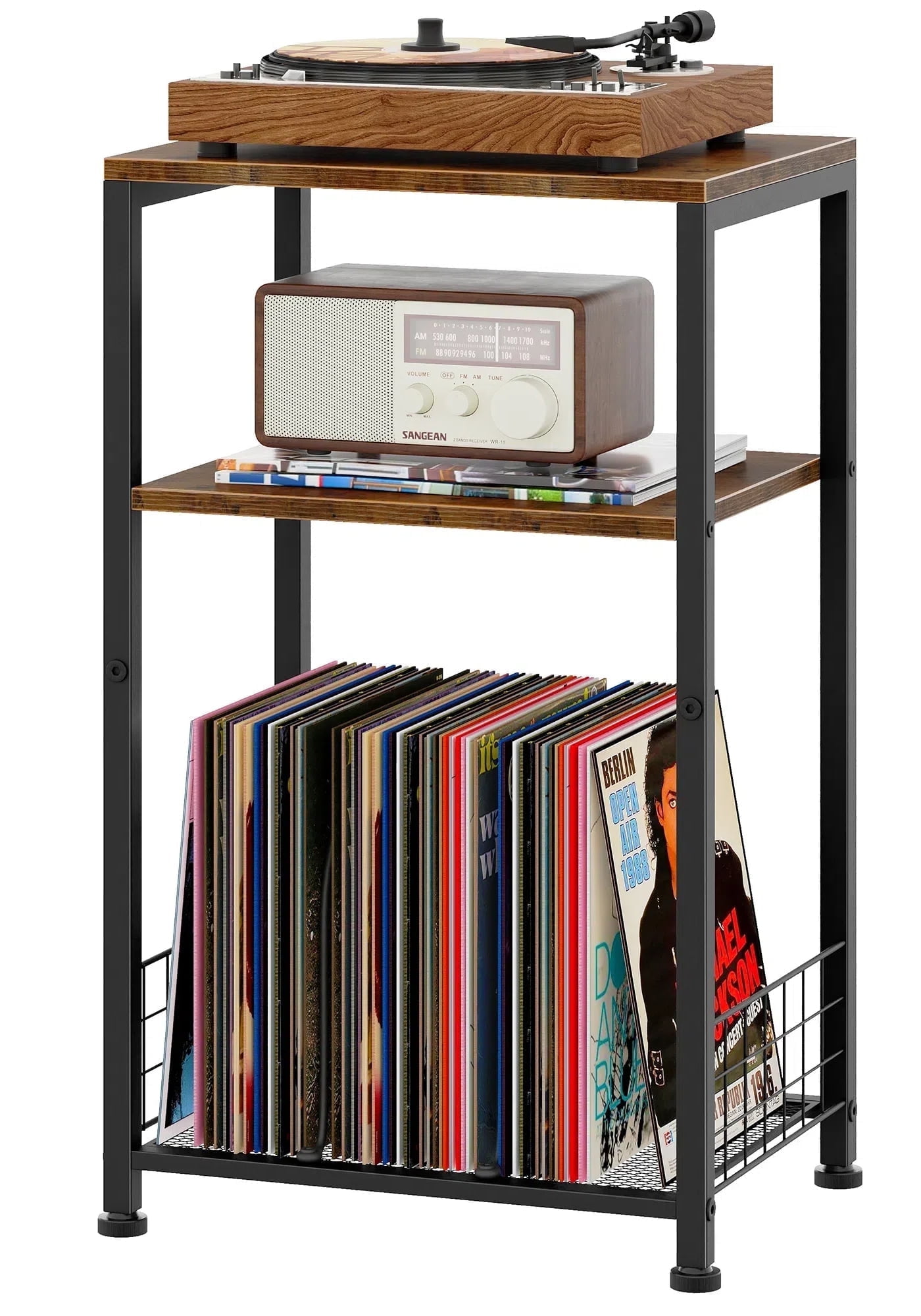 Biemlerfn 3-Tier Record Player Stand, Movable End Side Table with Vinyl Record Storage, Sofa Table, Nightstand for Home, Living Room, Bedroom, Rustic Brown