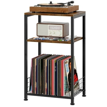 Biemlerfn 3-Tier Record Player Stand, Movable End Side Table with Vinyl Record Storage, Sofa Table, Nightstand for Home, Living Room, Bedroom, Rustic Brown