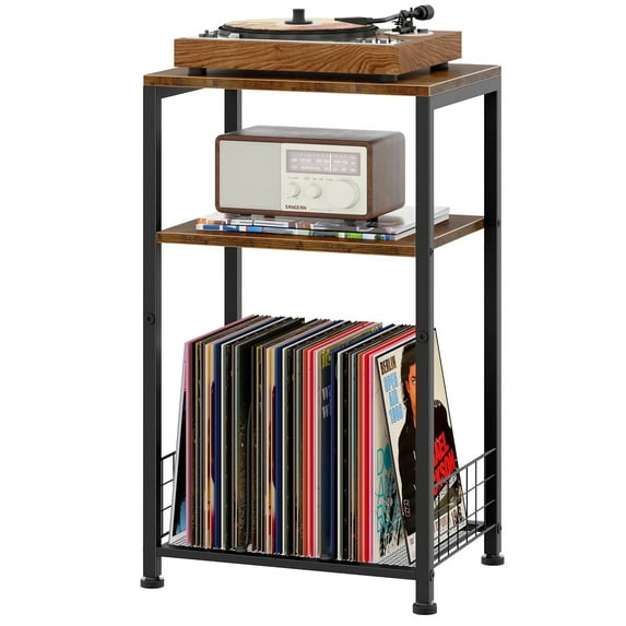 Biemlerfn 3-Tier Record Player Stand, Movable End Side Table with Vinyl Record Storage, Sofa Table, Nightstand for Home, Living Room, Bedroom, Rustic Brown