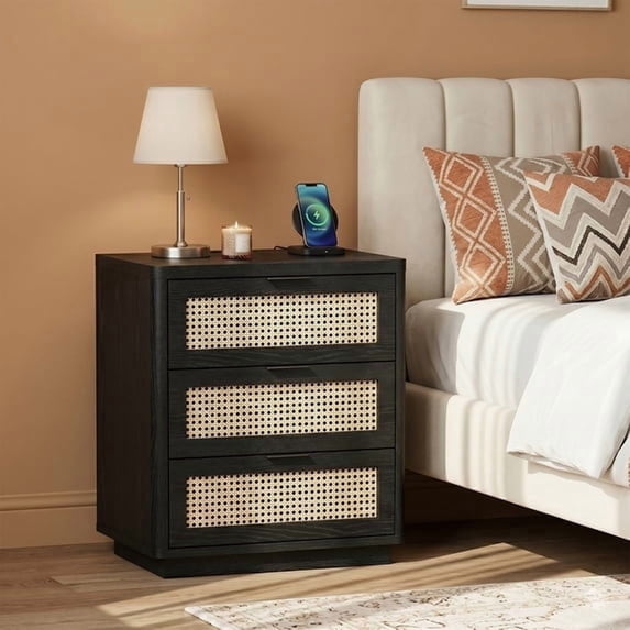 Biemlerfn Nightstand with Charging Station, 3 Drawers Bedside Table, Rattan End Table, Farmhouse Side Table for Bedroom, Living Room, Brown