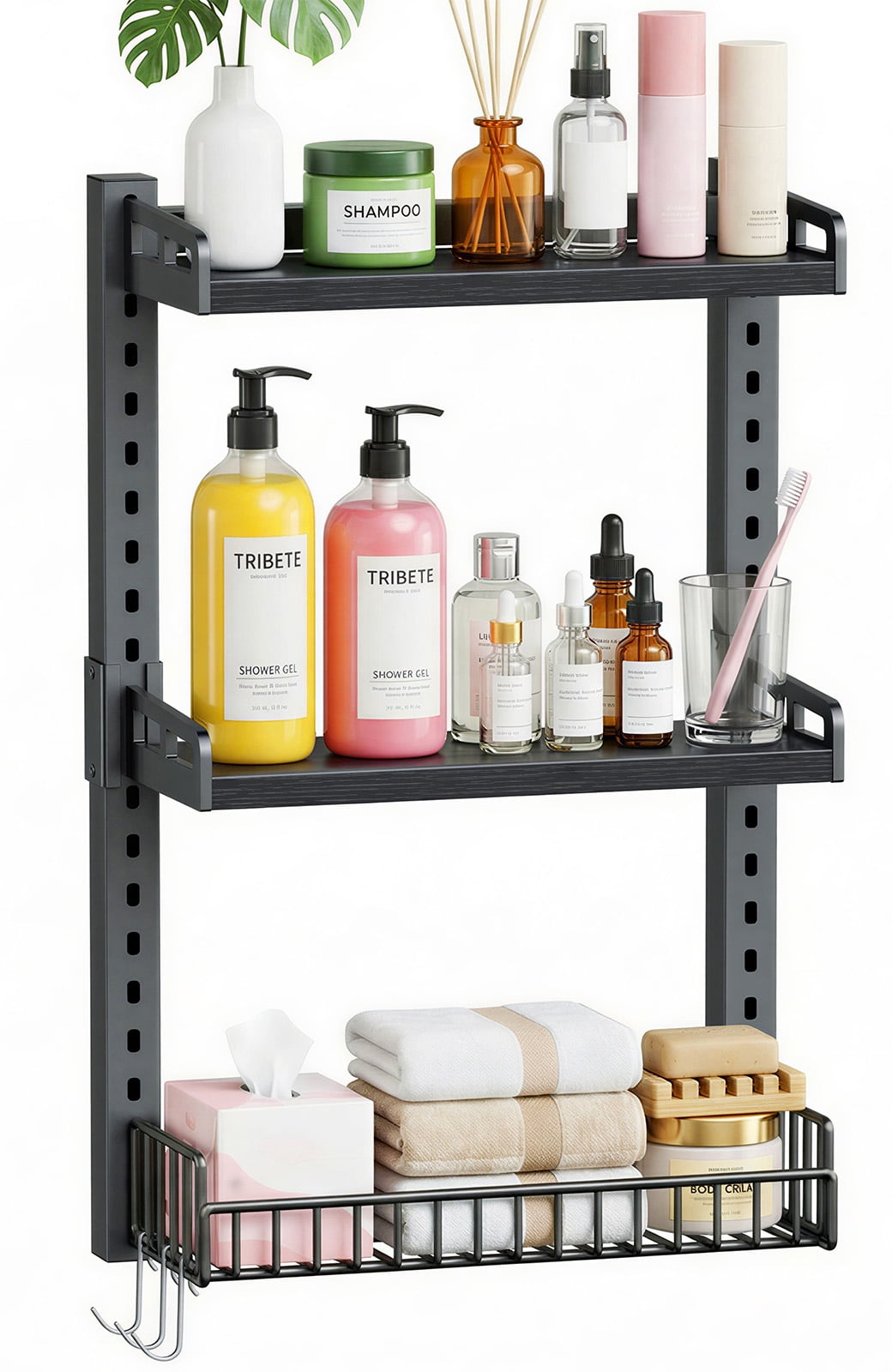 Biemlerfn 3-Tier Wall Mounted Storage Organizer Shelf, Space-Saving & Height-Adjustable Over The Toilet Storage Rack for Bathroom, Kitchen, Living Room, Black