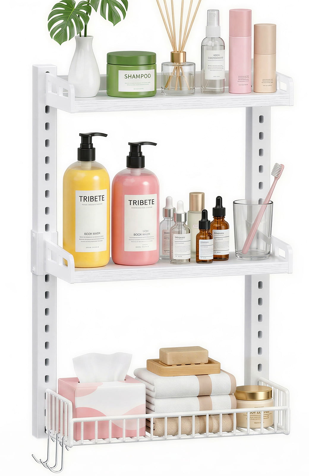 Biemlerfn 3-Tier Wall Mounted Storage Organizer Shelf, Space-Saving & Height-Adjustable Over The Toilet Storage Rack for Bathroom, Kitchen, Living Room, White