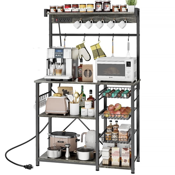 Biemlerfn 39" Wide Large Bakers Rack with Power Outlets, 5 Tiers Coffee Bar Table with 3 Wire Basket, 15 Hooks, Microwave Stand Kitchen Storage Shelf, Oak Gray