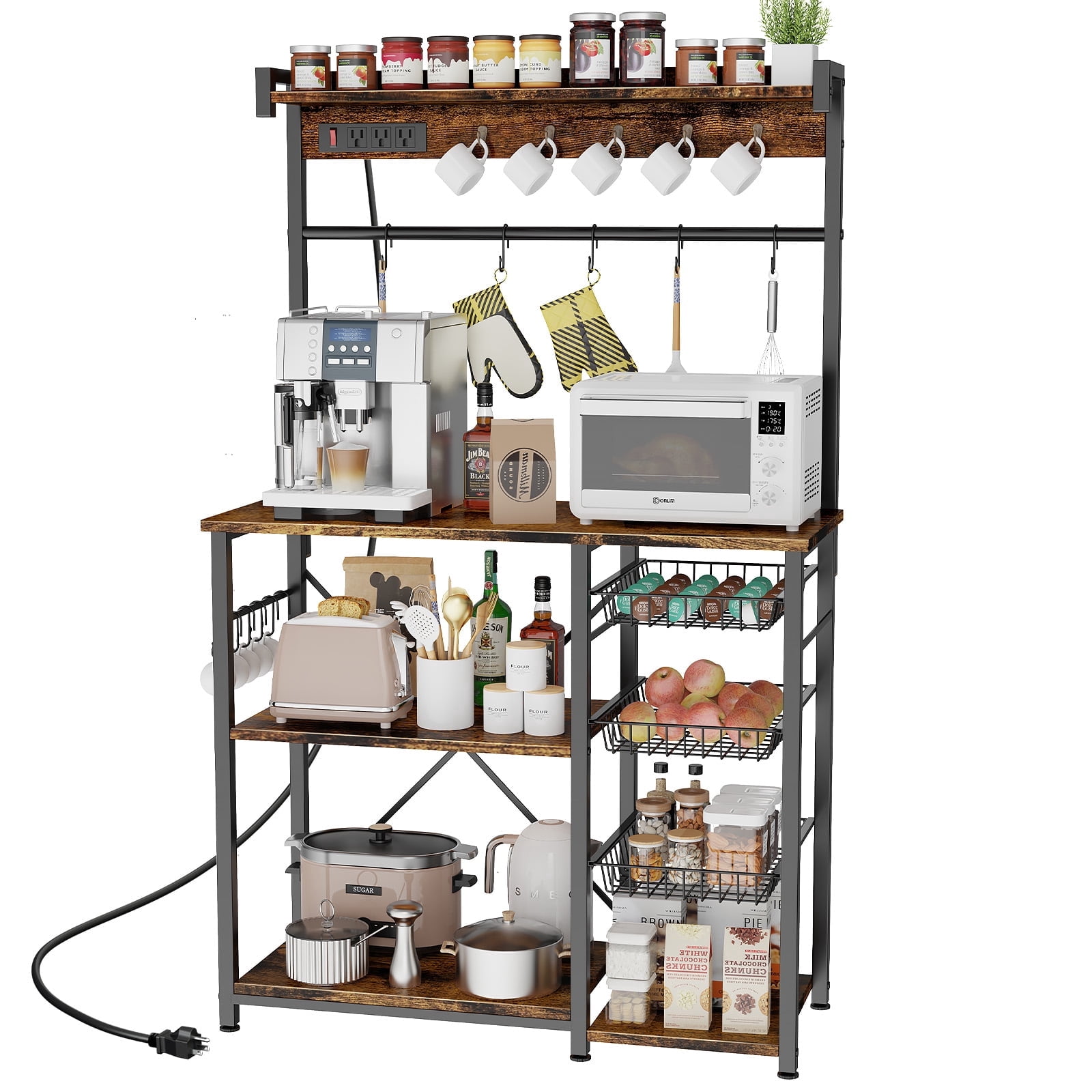 Biemlerfn 39" Wide Large Bakers Rack with Power Outlets, 5 Tiers Coffee Bar Table with 3 Wire Basket, 15 Hooks, Microwave Stand Kitchen Storage Shelf, Rustic Brown