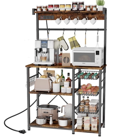 Biemlerfn 39" Wide Large Bakers Rack with Power Outlets, 5 Tiers Coffee Bar Table with 3 Wire Basket, 15 Hooks, Microwave Stand Kitchen Storage Shelf, Rustic Brown