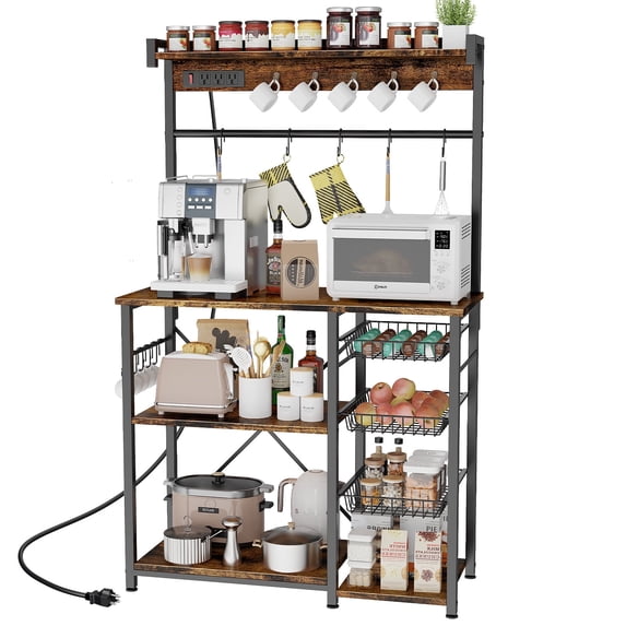 Biemlerfn 39" Wide Large Bakers Rack with Power Outlets, 5 Tiers Coffee Bar Table with 3 Wire Basket, 15 Hooks, Microwave Stand Kitchen Storage Shelf, Rustic Brown