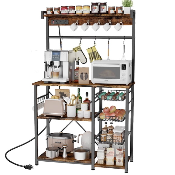 Biemlerfn 39" Wide Large Bakers Rack with Power Outlets, 5 Tiers Coffee Bar Table with 3 Wire Basket, 15 Hooks, Microwave Stand Kitchen Storage Shelf, Rustic Brown