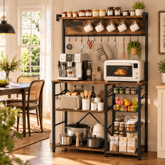 Biemlerfn 39" Large Bakers Rack,Kitchen Microwave Stand with Power Outlets, 5 Tiers Coffee Bar with 3 Wire Basket,15 Hooks Storage Shelf, Rustic Brown