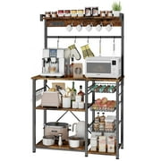 Biemlerfn 39" Wide Large Bakers Rack with Power Outlets, 5 Tiers Coffee Bar Table with 3 Wire Basket, 15 Hooks, Microwave Stand Kitchen Storage Shelf, Rustic Brown