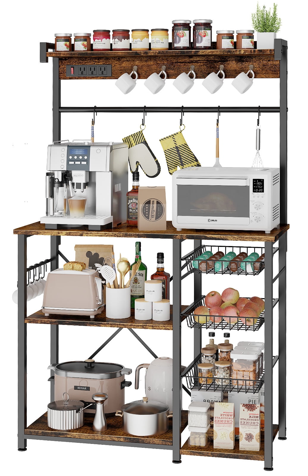 Biemlerfn 39.8" Wide Large Bakers Rack with Power Outlets, 5 Tiers Coffee Bar Table with 3 Wire Basket, 15 Hooks, Microwave Stand Kitchen Storage Shelf, Rustic Brown - Walmart.com