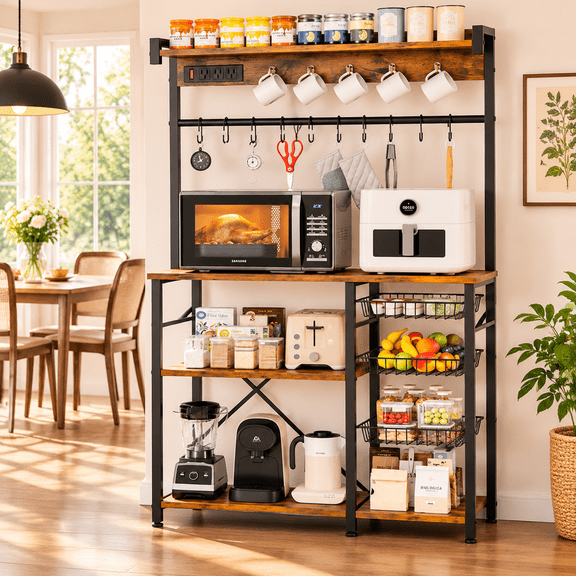 Biemlerfn 39" Large Bakers Rack,Kitchen Microwave Stand with Power Outlets, 5 Tiers Coffee Bar with 3 Wire Basket,15 Hooks Storage Shelf, Rustic Brown