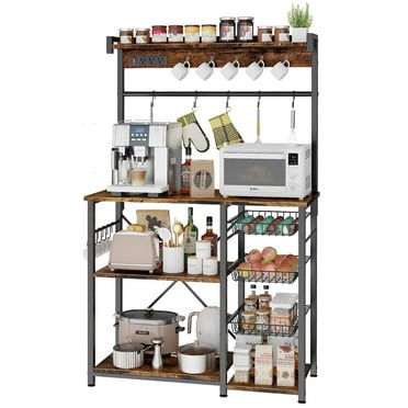 Biemlerfn 39.8" Wide Large Bakers Rack with Power Outlets, 5 Tiers Coffee Bar Table with 3 Wire Basket, 15 Hooks, Microwave Stand Kitchen Storage Shelf, Rustic Brown